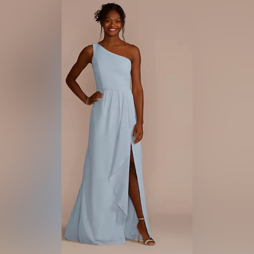 DAVID’S BRIDAL CHIFFON ONE-SHOULDER BRIDESMAID DRESS WITH CASCADE, DUSTY BLUE